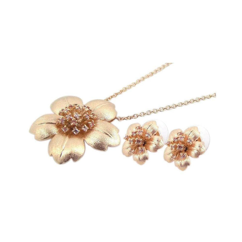 Closeout-Silver 925 Gold Plated Flower Pink CZ Stud Earring and Necklace Set - BGS00059 | Silver Palace Inc.
