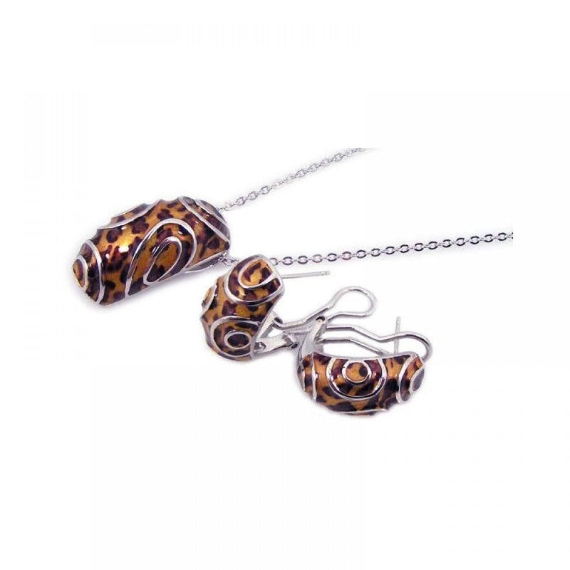 Closeout-Silver 925 Rhodium Plated Brown Leopard Print French Clip Earring and Necklace Set - BGS00066 | Silver Palace Inc.