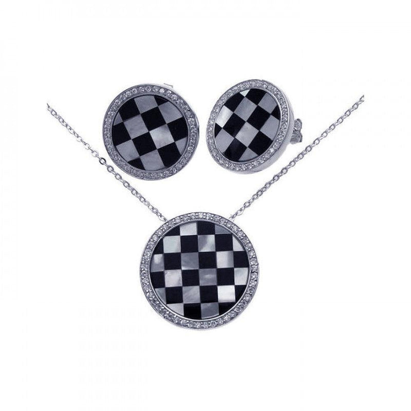 Closeout-Silver 925 Rhodium Plated Round Checker Clear CZ Stud Earring and Necklace Set - BGS00068 | Silver Palace Inc.