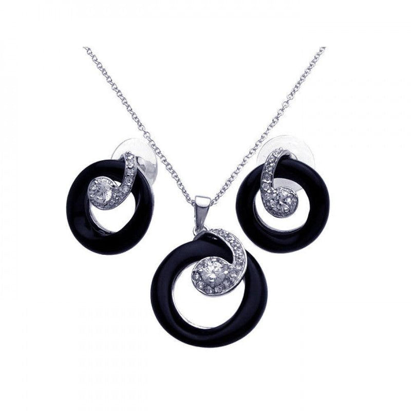Closeout-Silver 925 Rhodium Plated Open Black Onyx Circle Clear CZ Stud Earring and Dangling Necklace Set - BGS00072 | Silver Palace Inc.