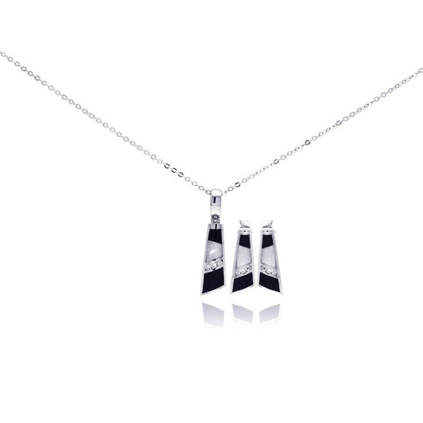 Silver 925 Rhodium Plated Mother of Pearl Black Onyx Clear Geometric CZ Set - BGS00074 | Silver Palace Inc.