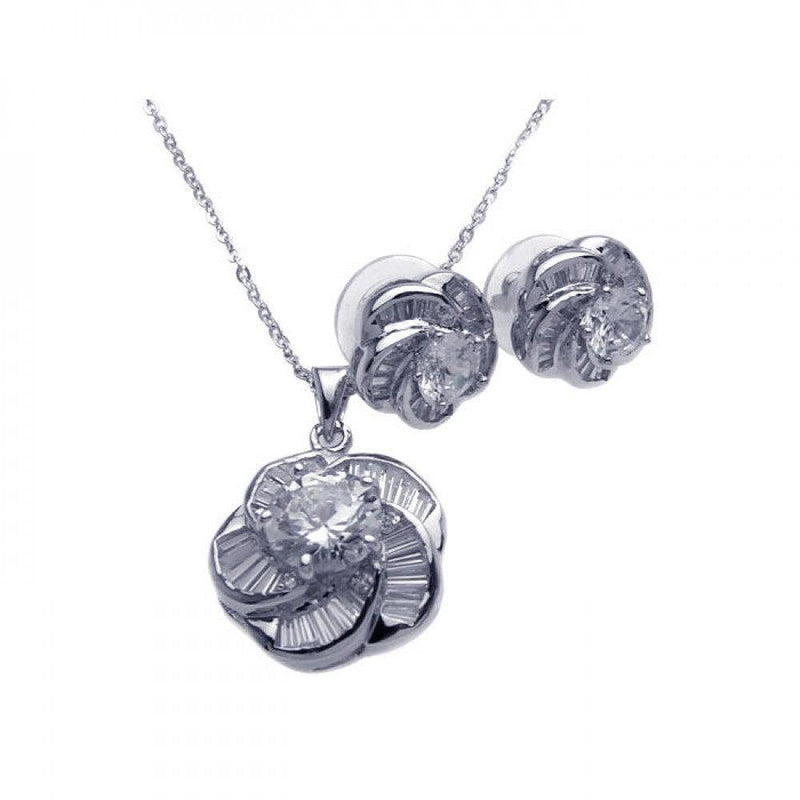 Silver 925 Rhodium Plated Clear Baguette Spiral Flower CZ Stud Earring and Necklace Set - BGS00093 | Silver Palace Inc.