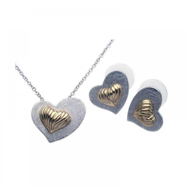Closeout-Silver 925 Rhodium and Gold Plated Matte Finish Shell Heart Stud Earring and Necklace Set - BGS00095 | Silver Palace Inc.