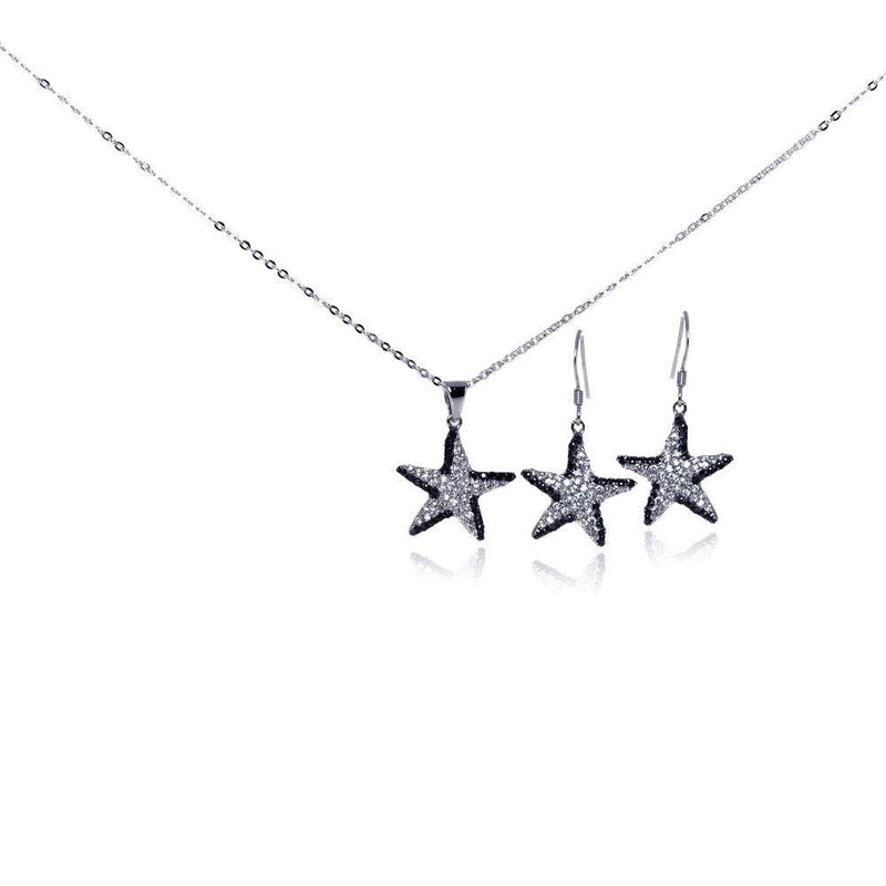 Silver 925 Rhodium and Black Rhodium Plated Black and Clear Star CZ Hook Earring and Dangling Necklace Set - BGS00098 | Silver Palace Inc.