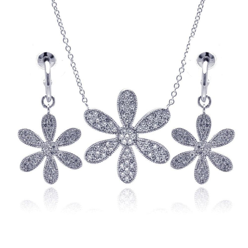 Closeout-Silver 925 Rhodium Plated Wide Wild Flower Clear Pave Set CZ Dangling Earring and Necklace Set - BGS00109 | Silver Palace Inc.