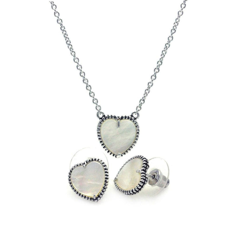 Silver 925 Rhodium Plated Mother of Pearl Heart Stud Earring and Necklace Set - BGS00113 | Silver Palace Inc.