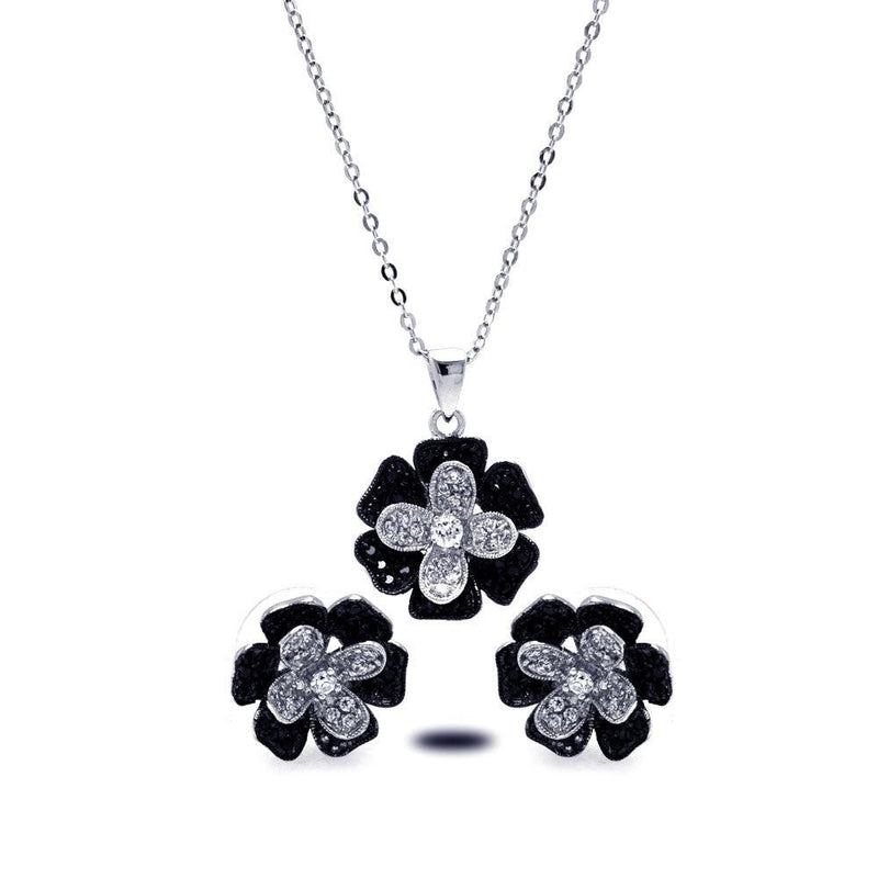 Silver 925 Rhodium and Black Rhodium Plated Black and Clear Pave Set Flower CZ Stud Earring and Dangling Necklace Set - BGS00121 | Silver Palace Inc.