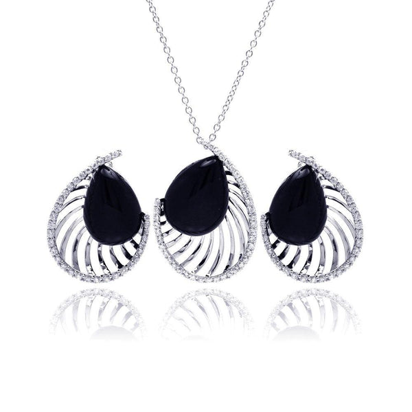 Closeout-Silver 925 Rhodium Plated Black Onyx Teardrop Filigree Clear CZ Stud Earring and Necklace Set - BGS00124 | Silver Palace Inc.