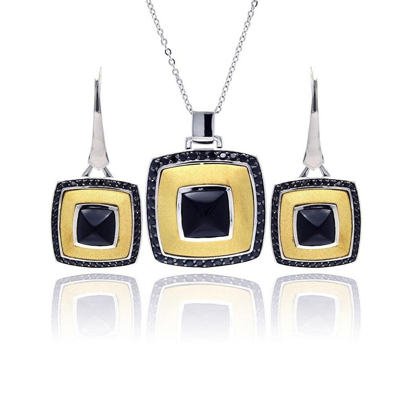 Closeout-Silver 925 Rhodium Black Rhodium and Gold Plated Square Black CZ Leverback Set - BGS00125 | Silver Palace Inc.