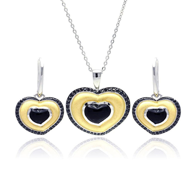Closeout-Silver 925 Rhodium Black Rhodium and Gold Plated Heart Black CZ Stud Earring and Necklace Set - BGS00126 | Silver Palace Inc.