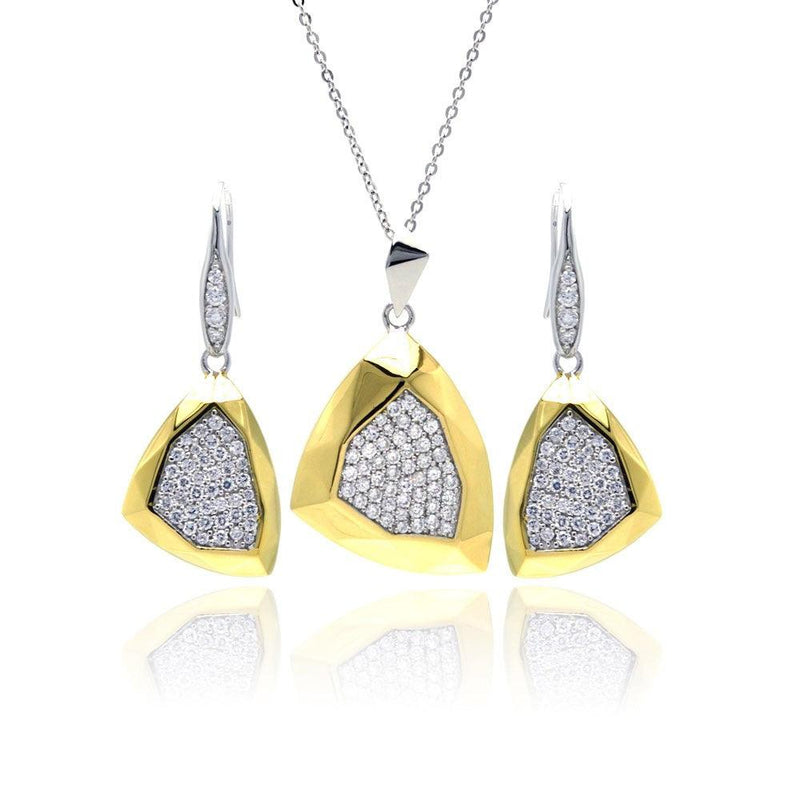 Silver 925 Rhodium and Gold Plated Hammered Triangle Clear Pave Set CZ Leverback Earring and Necklace Set - BGS00128 | Silver Palace Inc.
