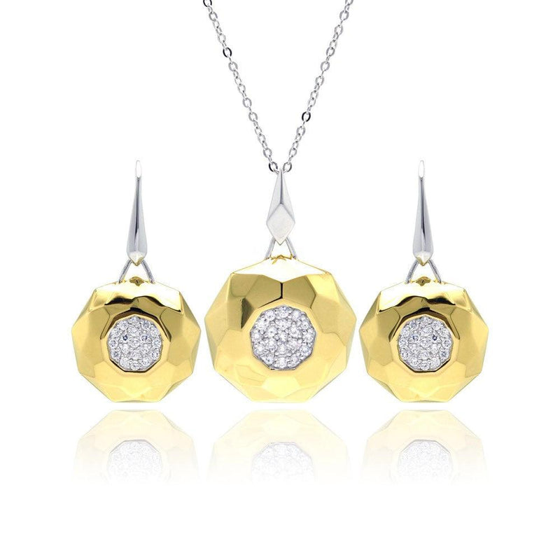 Silver 925 Rhodium and Gold Plated Hammered Circle Clear Pave Set CZ Leverback Earring and Necklace Set - BGS00129 | Silver Palace Inc.