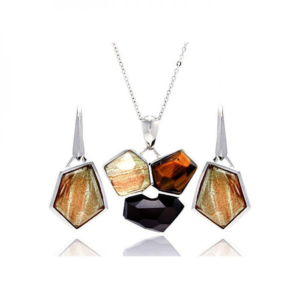 Closeout-Silver 925 Rhodium Plated Multi Colored Stone Leverback Earring and Necklace Set - BGS00134 | Silver Palace Inc.
