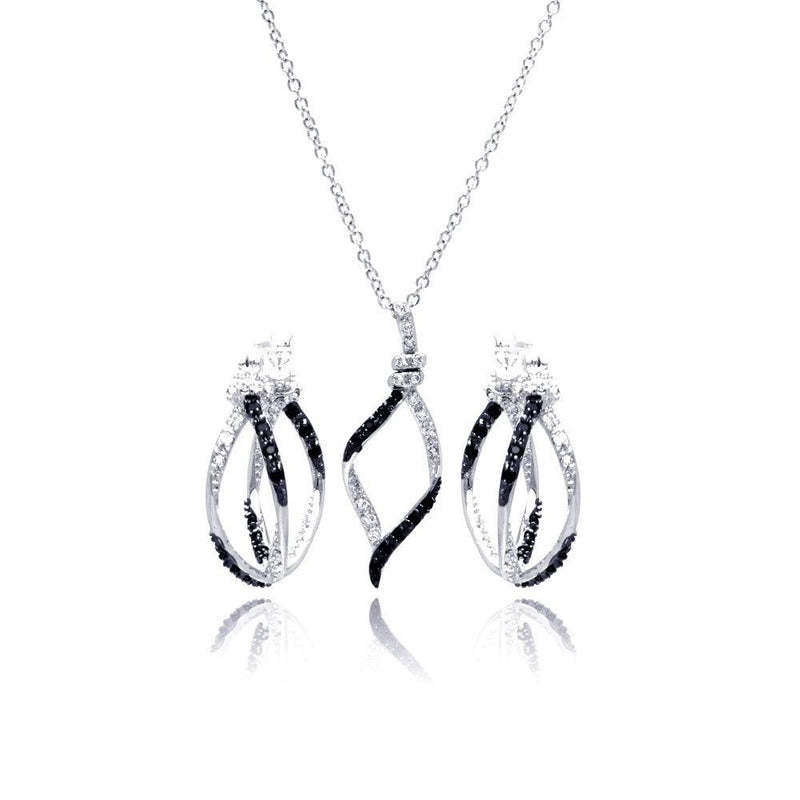 Silver 925 Rhodium and Black Rhodium Plated Black and Clear Open Wave CZ Hoop Set - BGS00136 | Silver Palace Inc.