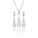 Silver 925 Rhodium Plated Fishnet Drop Pearl Clear CZ Dangling Stud Earring and Dangling Necklace Set - BGS00143 | Silver Palace Inc.