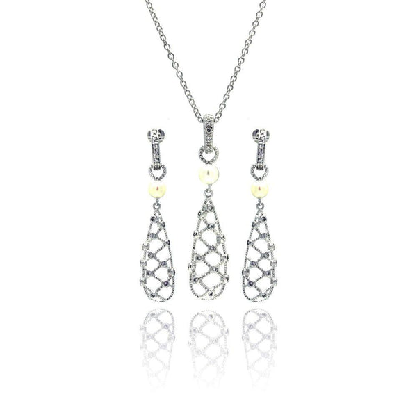 Silver 925 Rhodium Plated Fishnet Drop Pearl Clear CZ Dangling Stud Earring and Dangling Necklace Set - BGS00143 | Silver Palace Inc.
