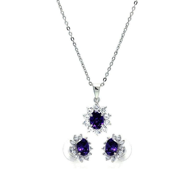 Silver 925 Rhodium Plated Purple and Clear Cluster Flower CZ Stud Earring and Dangling Necklace Set - BGS00160 | Silver Palace Inc.