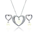 Silver 925 Rhodium Plated Hanging Pearl Open Heart Clear CZ Stud Earring and Necklace Set - BGS00167 | Silver Palace Inc.