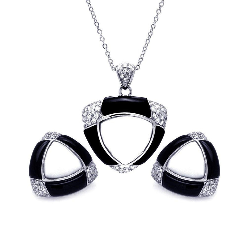 Closeout-Silver 925 Rhodium Plated Black and White Onyx Triangle Clear CZ Stud Earring and Necklace Set - BGS00170 | Silver Palace Inc.