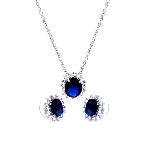 Silver 925 Rhodium Plated Blue and Clear Cluster Oval CZ Stud Earring and Necklace Set - BGS00172 | Silver Palace Inc.