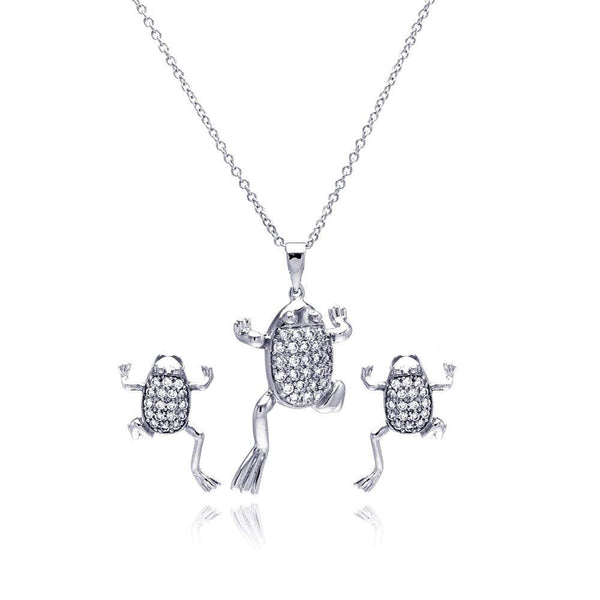 Silver 925 Rhodium Plated Clear Climbing Frog CZ Stud Earring and Necklace Set - BGS00173 | Silver Palace Inc.