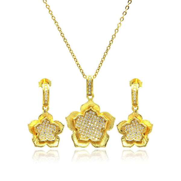 Silver 925 Gold Plated Clear Flower CZ Hanging Stud Earring and Necklace Set - BGS00177 | Silver Palace Inc.
