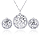 Silver 925 Rhodium Plated Flower Rose Outline Circle Clear CZ Stud Earring and Necklace Set - BGS00178 | Silver Palace Inc.