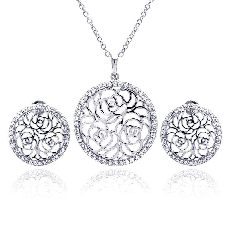 Silver 925 Rhodium Plated Flower Rose Outline Circle Clear CZ Stud Earring and Necklace Set - BGS00178 | Silver Palace Inc.
