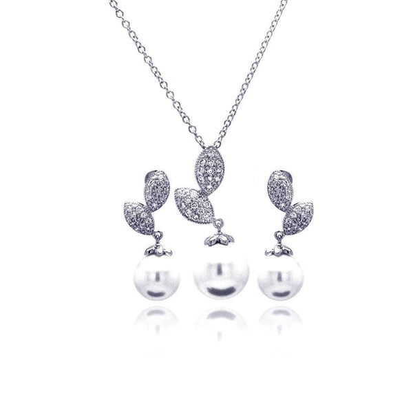 Silver 925 Rhodium Plated Pearl Sprout Clear CZ Hanging Stud Earring and Hanging Necklace Set - BGS00179 | Silver Palace Inc.