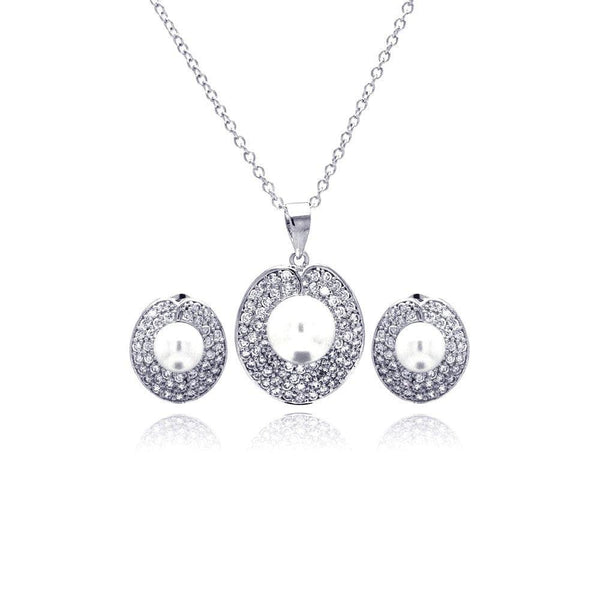 Silver 925 Rhodium Plated Pearl Round Disc Clear Pave Set CZ Stud Earring and Necklace Set - BGS00180 | Silver Palace Inc.