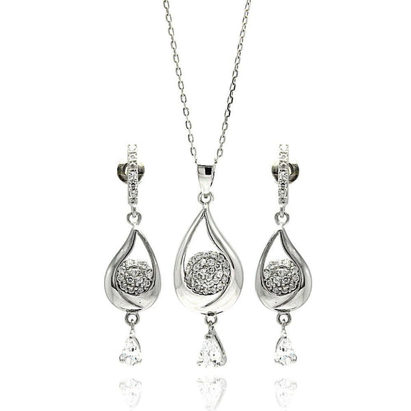 Silver 925 Rhodium Plated Teardrop Clear CZ Dangling Stud Earring and Dangling Necklace Set - BGS00210 | Silver Palace Inc.