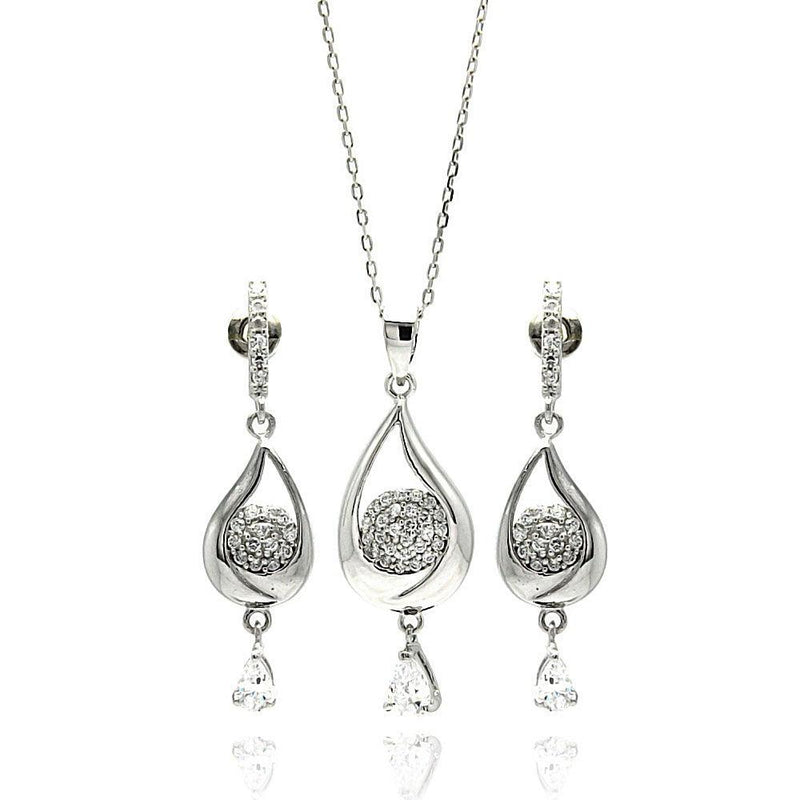 Silver 925 Rhodium Plated Teardrop Clear CZ Dangling Stud Earring and Dangling Necklace Set - BGS00210 | Silver Palace Inc.