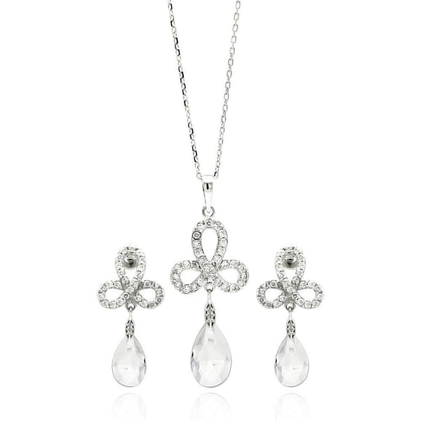 Silver 925 Rhodium Plated Clear Ribbon CZ Hanging Stud Earring and Necklace Set - BGS00211 | Silver Palace Inc.