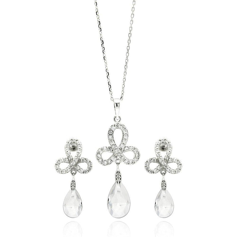 Silver 925 Rhodium Plated Clear Ribbon CZ Hanging Stud Earring and Necklace Set - BGS00211 | Silver Palace Inc.