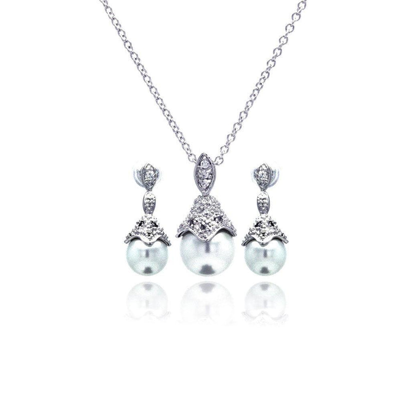 Silver 925 Rhodium Plated Pearl Drop Clear CZ Dangling Stud Earring and Necklace Set - BGS00212 | Silver Palace Inc.
