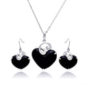 Closeout-Silver 925 Rhodium Plated Black Onyx Heart Clear Wave CZ Hook Earring and Hanging Necklace Set - BGS00218 | Silver Palace Inc.