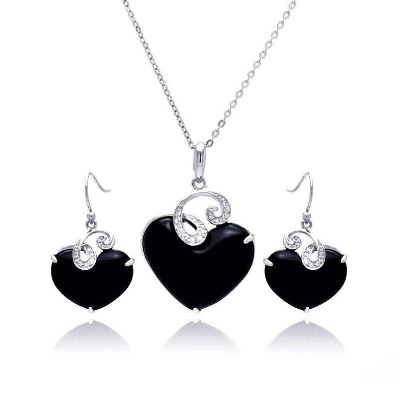 Closeout-Silver 925 Rhodium Plated Black Onyx Heart Clear Wave CZ Hook Earring and Hanging Necklace Set - BGS00218 | Silver Palace Inc.