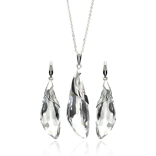 Silver 925 Rhodium Plated Clear Drop CZ Hook Earring and Necklace Set - BGS00221CLR | Silver Palace Inc.