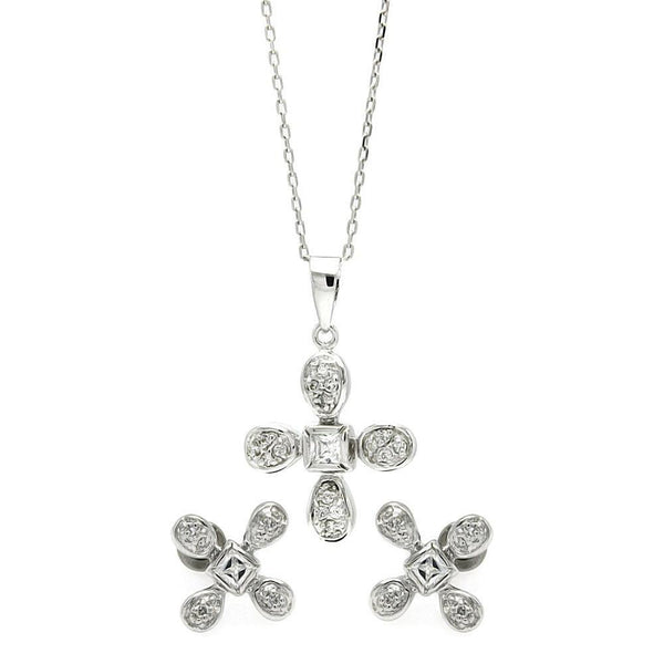 Silver 925 Rhodium Plated Clear Flower CZ Stud Earring and Necklace Set - BGS00223 | Silver Palace Inc.