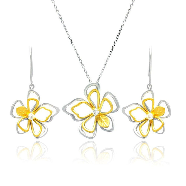 Silver 925 Rhodium and Gold Plated Open Flower Outline Clear CZ Hook Earring and Necklace Set - BGS00225 | Silver Palace Inc.