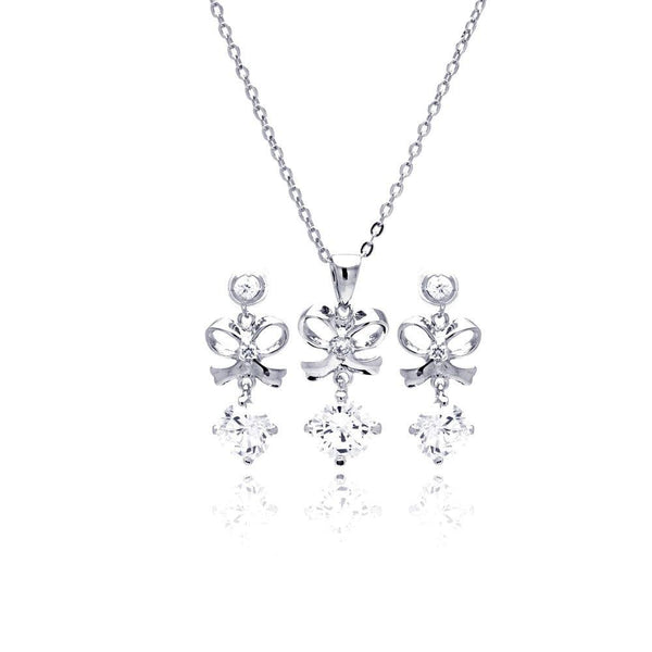 Silver 925 Rhodium Plated Clear Blow CZ Hanging Stud Earring and Necklace Set - BGS00229 | Silver Palace Inc.