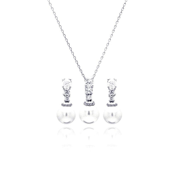 Silver 925 Rhodium Plated Pearl Clear CZ Hanging Stud Earring and Necklace Set - BGS00230 | Silver Palace Inc.