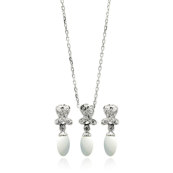 Silver 925 Rhodium Plated Fresh Water Pearl Flower Clear CZ Hanging Set - BGS00242 | Silver Palace Inc.