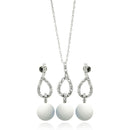 Silver 925 Rhodium Plated Pearl Clear Open Teardrop CZ Dangling Stud Earring and Dangling Necklace Set - BGS00243 | Silver Palace Inc.