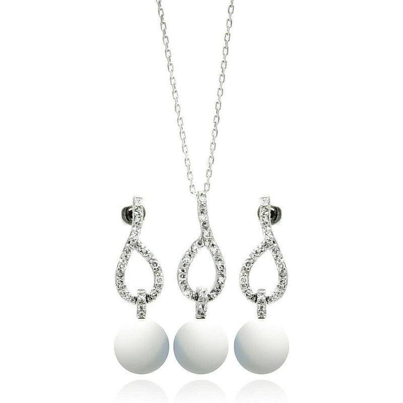 Silver 925 Rhodium Plated Pearl Clear Open Teardrop CZ Dangling Stud Earring and Dangling Necklace Set - BGS00243 | Silver Palace Inc.
