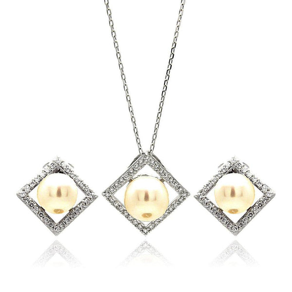Silver 925 Rhodium Plated Fresh Water Pearl Square Diamond Shaped Clear CZ Set -  BGS00250 | Silver Palace Inc.