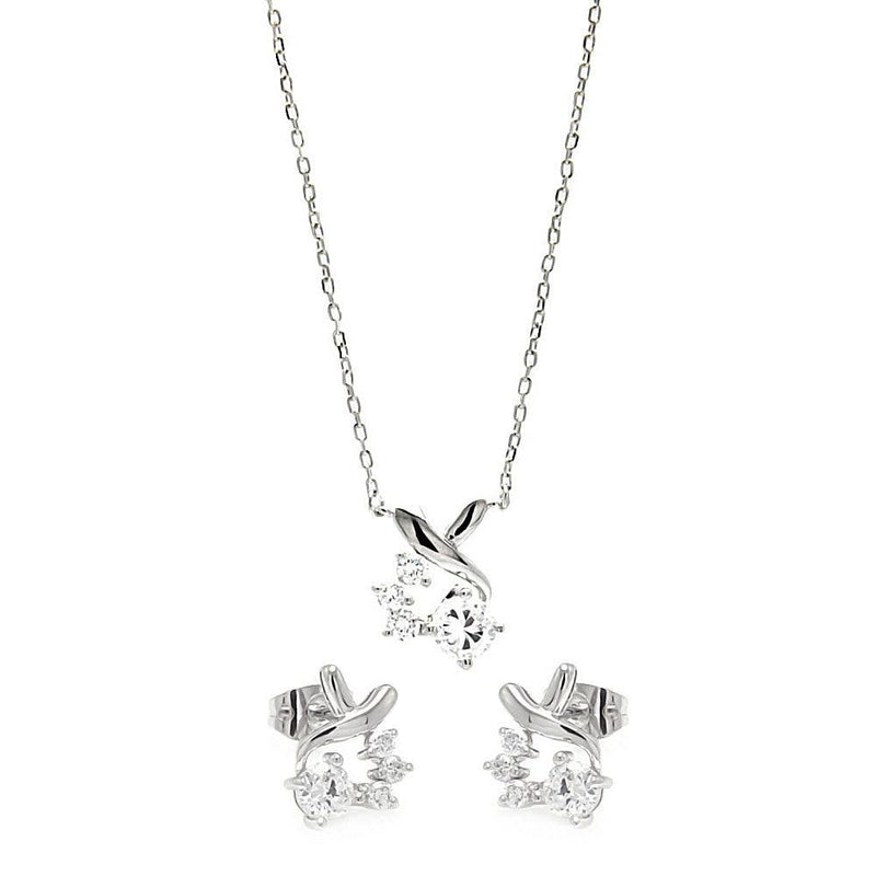 Silver 925 Rhodium Plated Individual Clear Twist Wrap CZ Stud Earring and Necklace Set - BGS00259 | Silver Palace Inc.