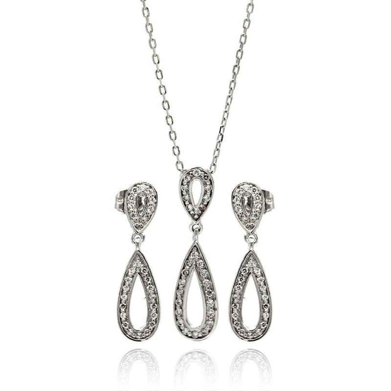 Silver 925 Rhodium Plated Clear Open Teardrop CZ Dangling Stud Earring and Dangling Necklace Set - BGS00261 | Silver Palace Inc.