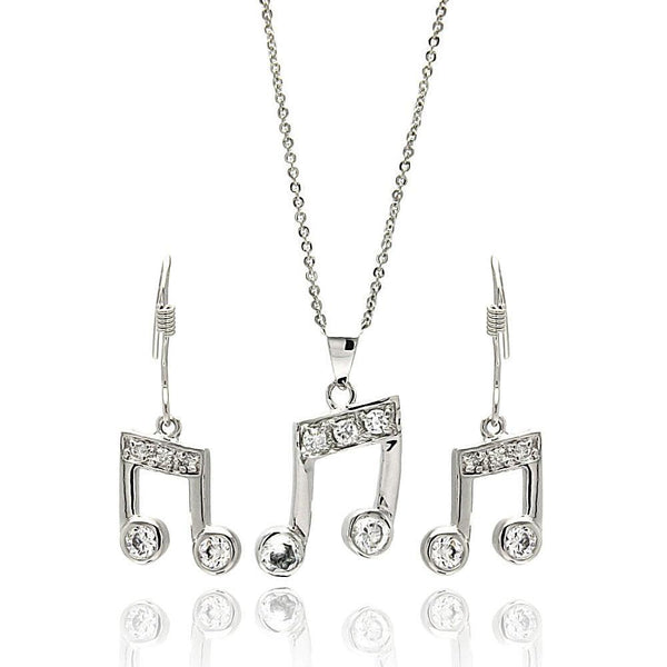 Silver 925 Rhodium Plated Musical Note Clear CZ Hook Earring and Dangling Necklace Set - BGS00265 | Silver Palace Inc.