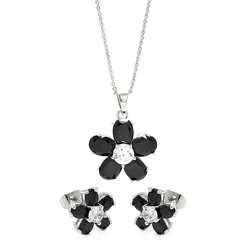 Silver 925 Rhodium Plated Black and Clear Flower CZ Set - BGS00267 | Silver Palace Inc.